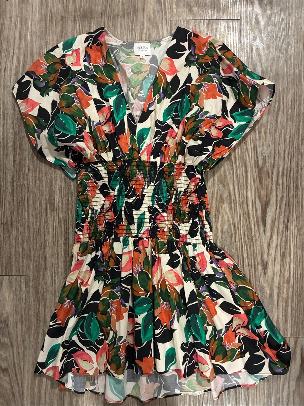 Misa Los Angeles Floral Smocked Mini Dress - Cream, Green, Black, Orange, Pink